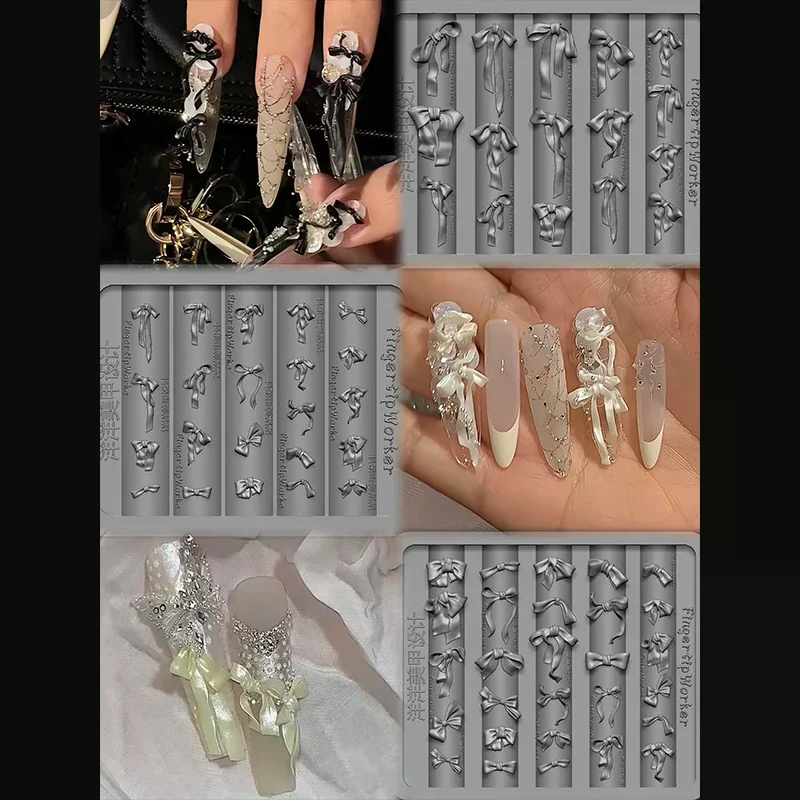 3D Bowknot Silicone Nail Mold Mixed Sized Shaped Ribbon Bow Soft Stamping Plates Kawaii Bowtie DIY Manicure Art Mould Tools