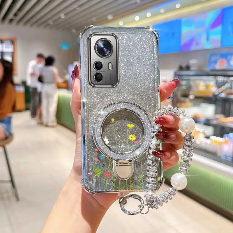 

Чехол-держатель для телефона с жемчужным ремешком и блестящим цветком для Xiaomi Mi 12 12s Pro 12x 13 14 14T 15 Pro, противоударная задняя крышка с подставкой