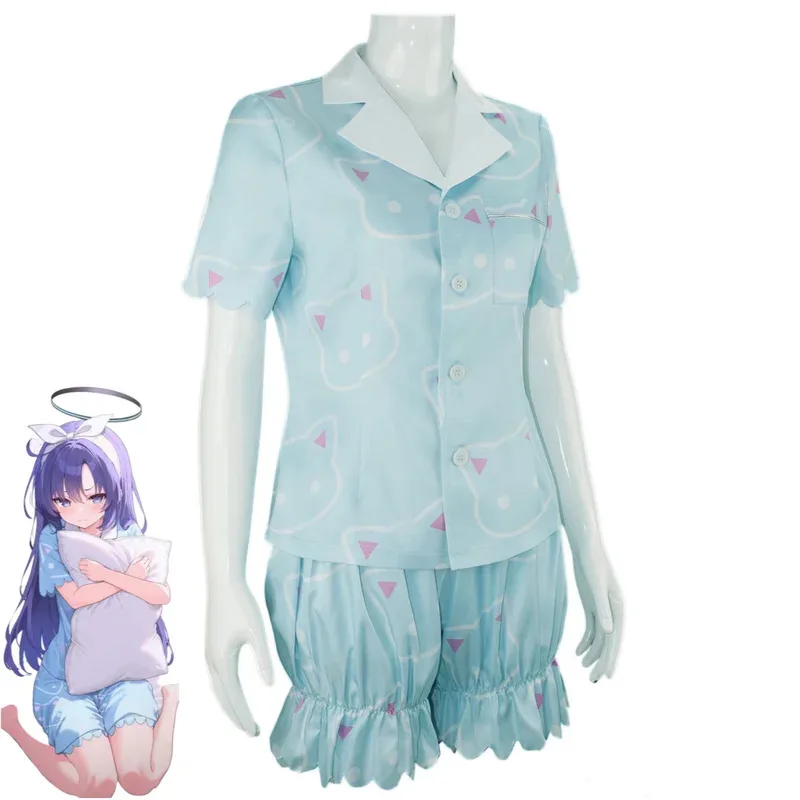게임 아카이브 Hayase Yuuka 코스프레 의상 밀레니엄 과학 아카데미 블루 잠옷 반바지 가발 여성 섹시한 귀여운 데일리 슈트 vl;6