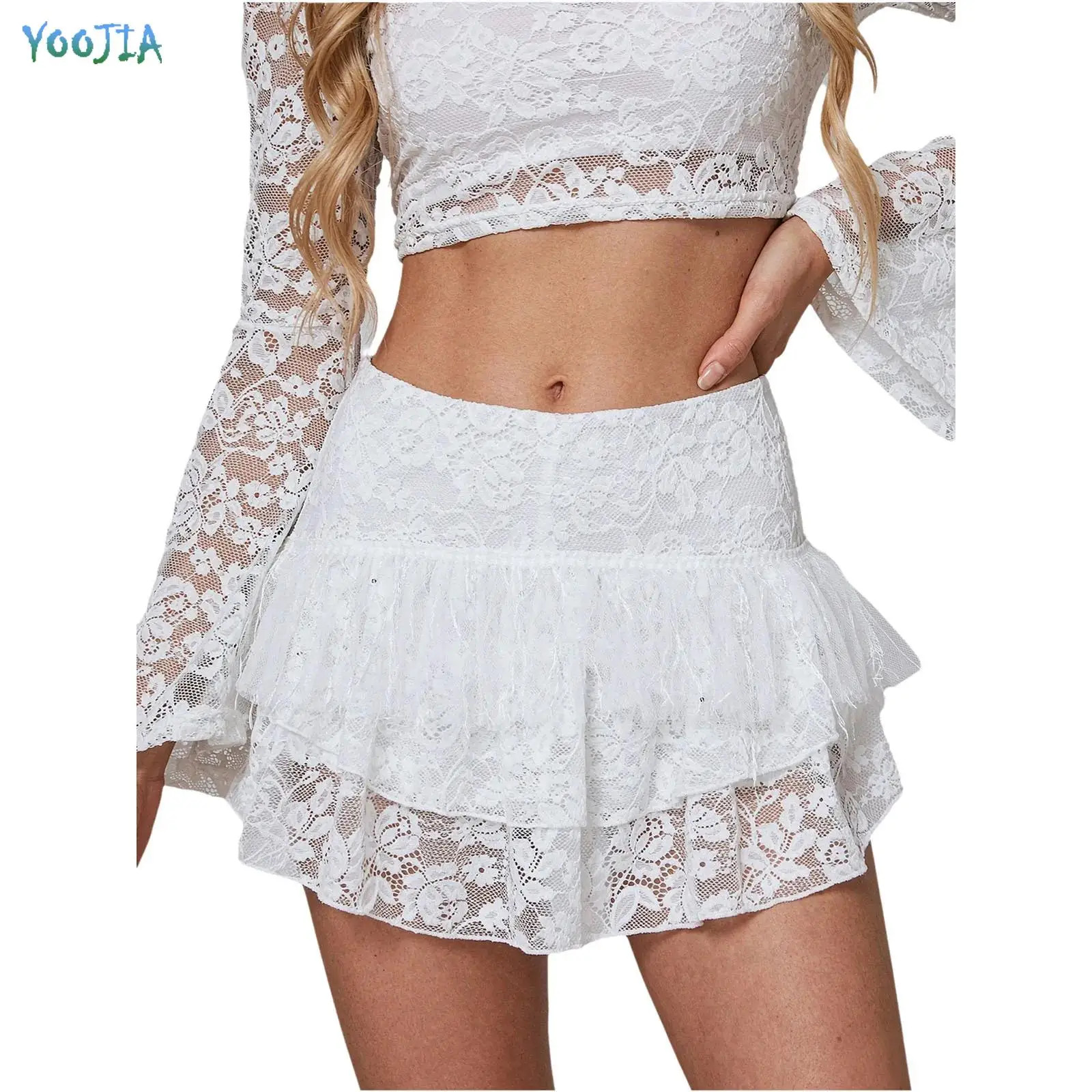 Womens Y2k Skirt Culottes Ruffled Tiered Lace Mesh Layer Fuzzy Tassel Elastic Waistband Miniskirt with Built-in Shorts for Party