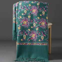 Pashmina en Cachemire Brodé de Fleurs pour Femme, Écharpe Chaude d'Hiver, Châles à Pompons Doux, Bandana, Couverture