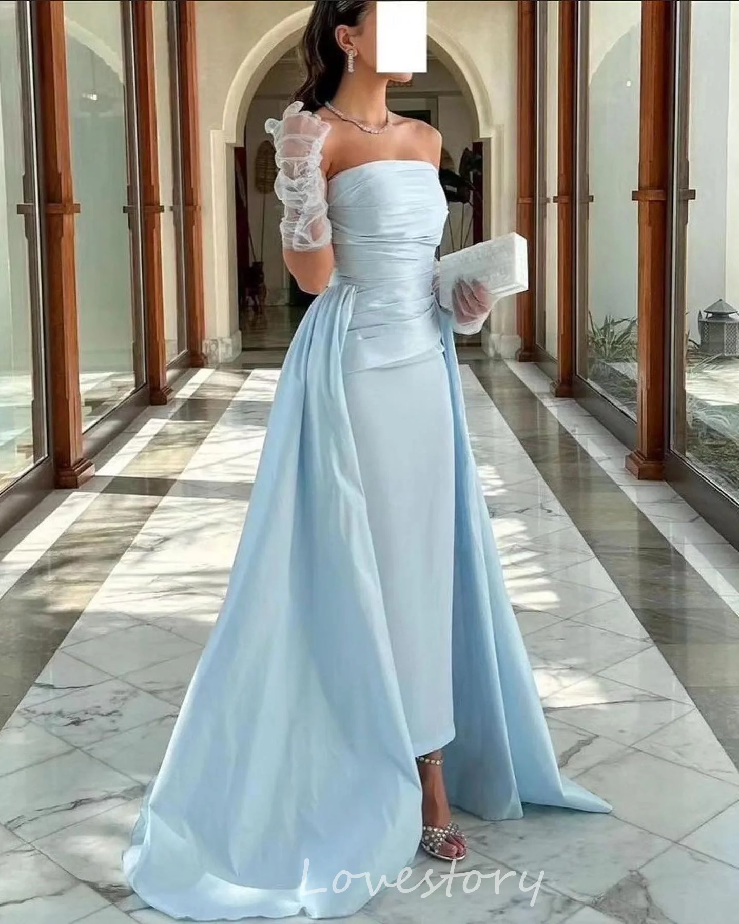 

Lovestory Simple Blue Evening Dress Strapless Elegant Prom Dress Wedding Evening party Dress Detachable tail Floor Length 2024