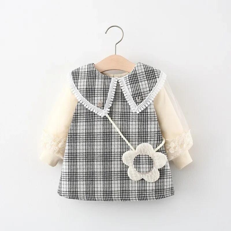 Korean Toddler Girl Dresses Spring Autumn Long Sleeve Elegant Princess Dress Cute Bow Mesh Plaid Kids Dress Baby Clothes Outfit