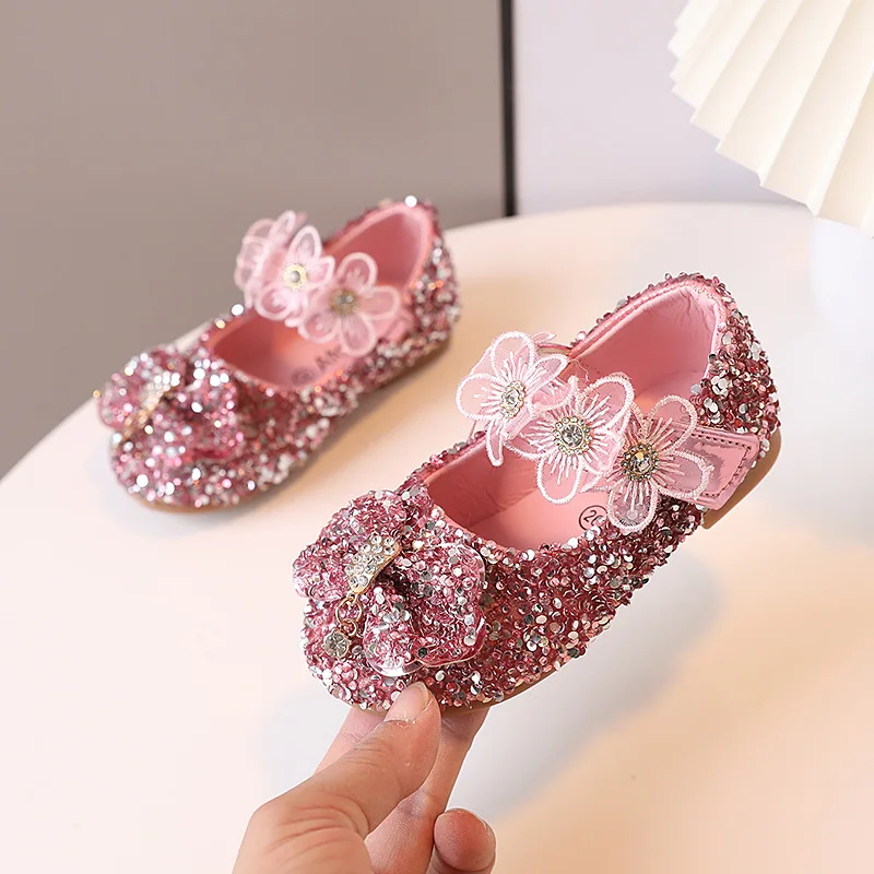 Zapatos de princesa Mary Jane para niña, calzado de moda para chicas con lazo y flor, de cristal, sencillo, para primavera y otoño, para Cuero brillante