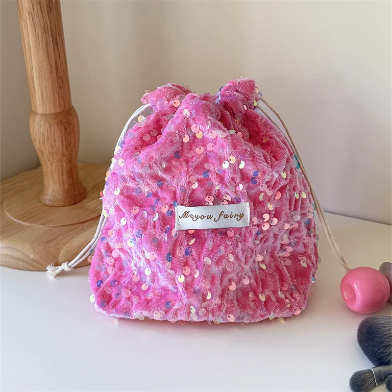 Girls Glitter Velvet Drawstring Bag Cosmetic Storage Pouch Lipstick Jewelry Organizer Travel Toiletry Sundries Storage For Women
