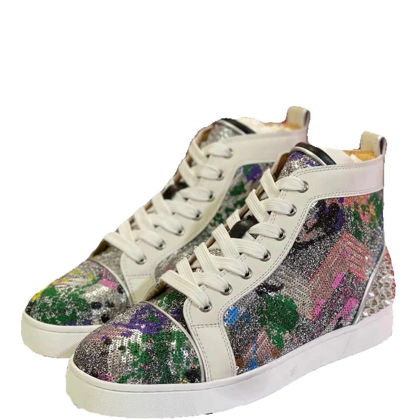 

Модные мужские туфли с голографическими пайетками и высокой красной подошвой; женская обувь для пар; повседневная обувь больших размеров.