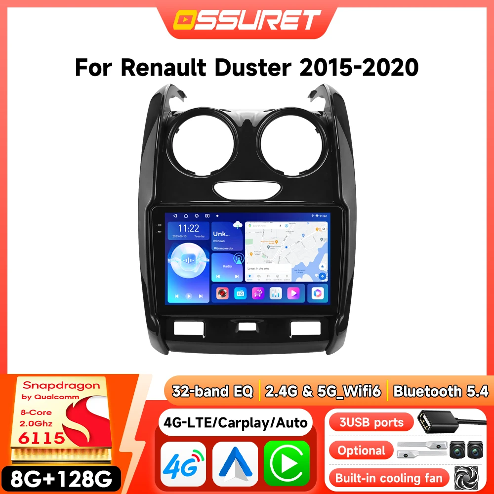 Lecteur multimédia automobile Android pour Renault Duster 2015-2020, Carplay sans fil, Android Auto, caméra 360°, autoradio 6115, écran tactile