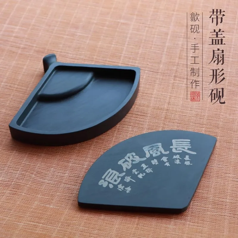 Multifunctional Natural Stone Fan-Shaped Inkstone Calligraphy Brush Holder Writing Desk Decor For Painting Art Supplies