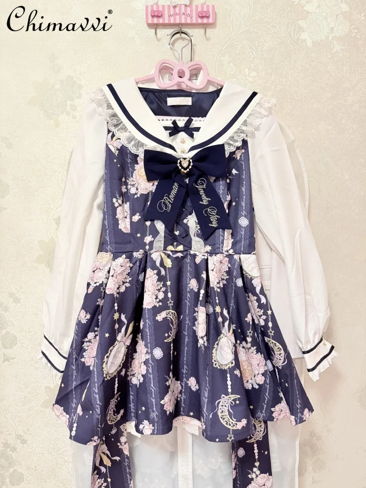 Japonês mina liz vestido define novo 2025 outono feminino gola de marinheiro bonito arco manga longa vestido impresso e shorts 2 peça terno