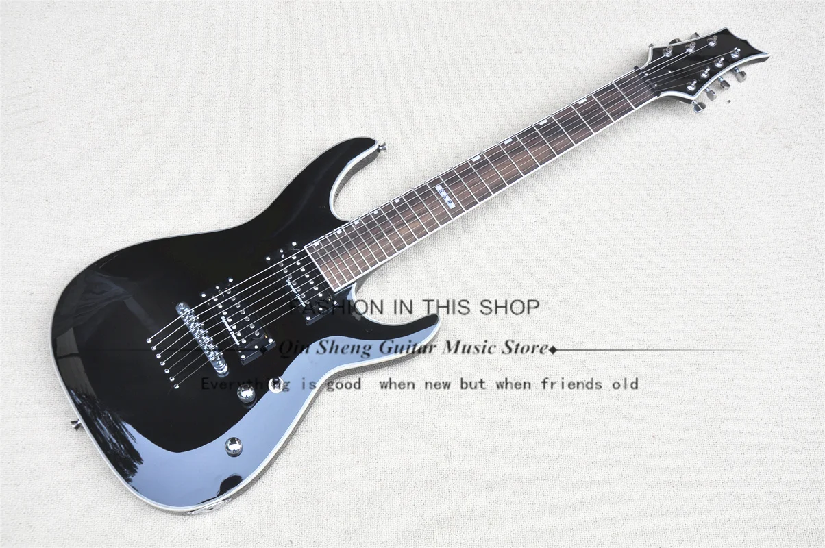 7 Strings Black Electric Guitar Maple Neck Set In Basswood Body  Rosewood Fingerboard  Fixed Bridge Strings Though Body