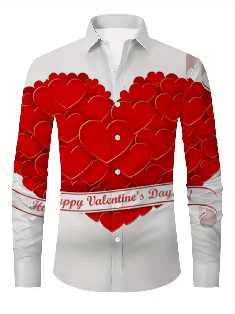 New men's long sleeved 3D heart-shaped printed shirt, fashionable lapel button up men's shirt, comfortable top