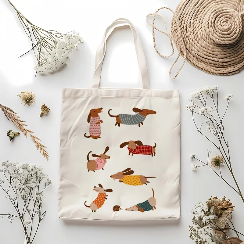 1pc Dachshund Print Tote Bag Cute Sausage Dog Design, Double-Sided Durable Shopping & Storage Bag Perfect Gift for Dog Lovers