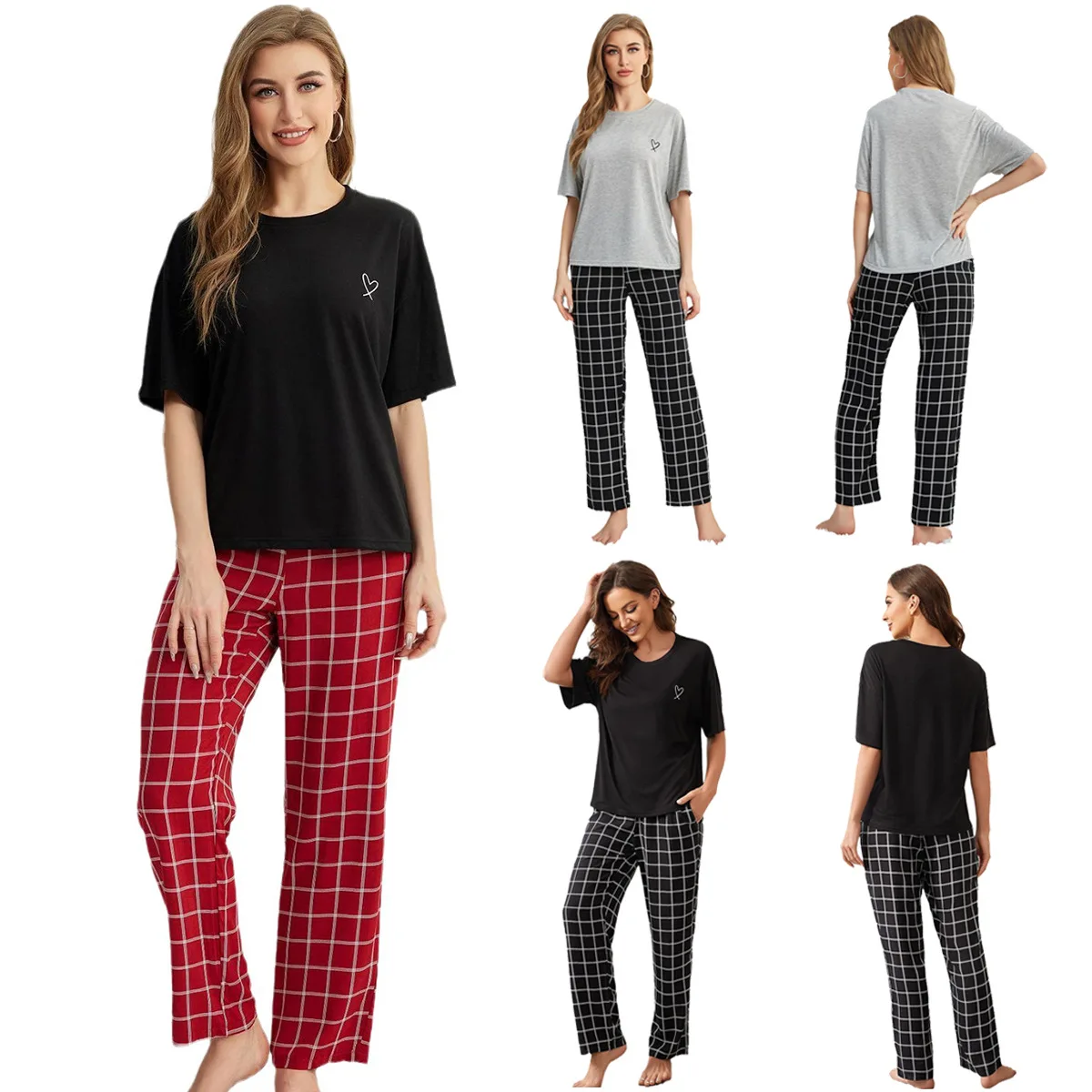 Women Pajamas Set Short Sleeve Screw Neck Tops & Plaid Long Pants Heart Print 2 Pieces Sleepwear Nightwear Homewear Clothes