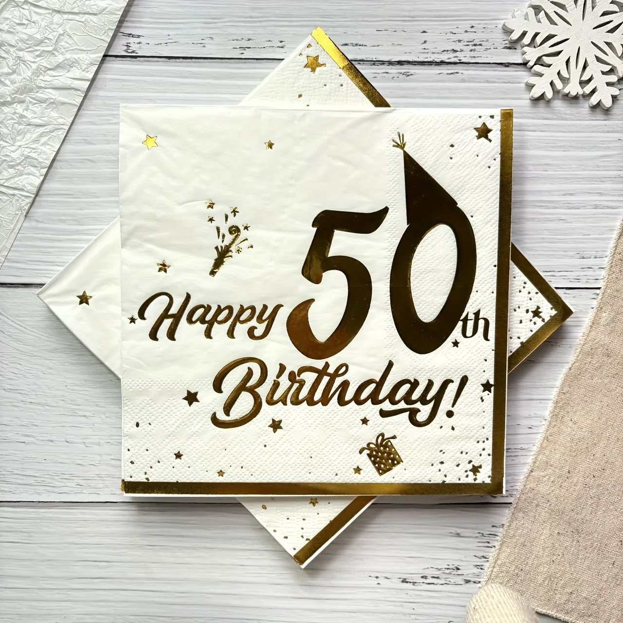 20 Pcs Happy Birthday Napkins White and Gold, Tableware Party Napkins, Birthday Decorations Tissue Luncheon Paper Napkin