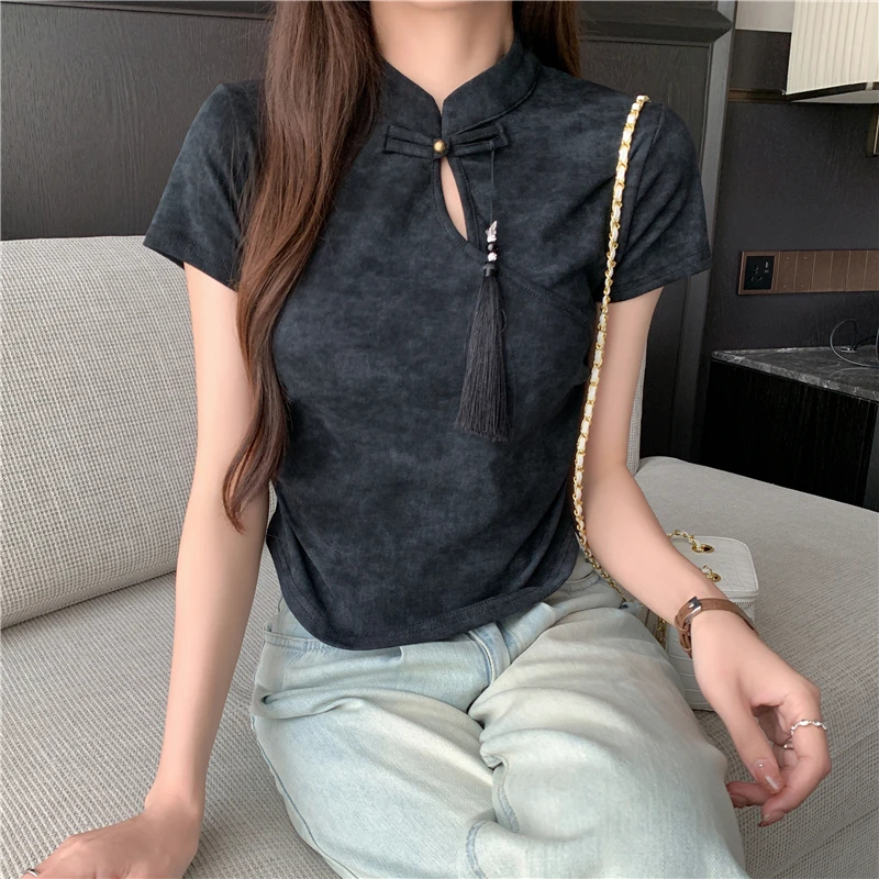 Blusa De manga corta con cuello alto para Mujer, camisa De estilo chino con borlas, a la Moda, para Verano, J672, 2024