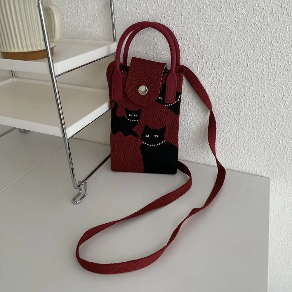 Cartoon Knit Handbag Reusable Knit High-capacity Phone Bag Cat Knot Wrist Bag Girl