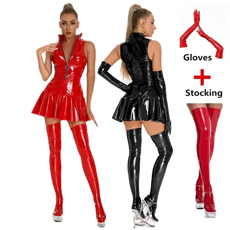 WOMEN'S exoleather dress wet look sexy bodycon pleated latex dress high collar sleepveless bottom flare mini dresses