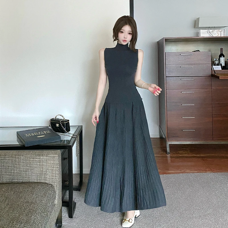 

2025 Spring Autumn Knitted Sweater 2 Piece Sets Women Long Skirt Outfit High Waist Pleated Skirts and Top Two Piece Set