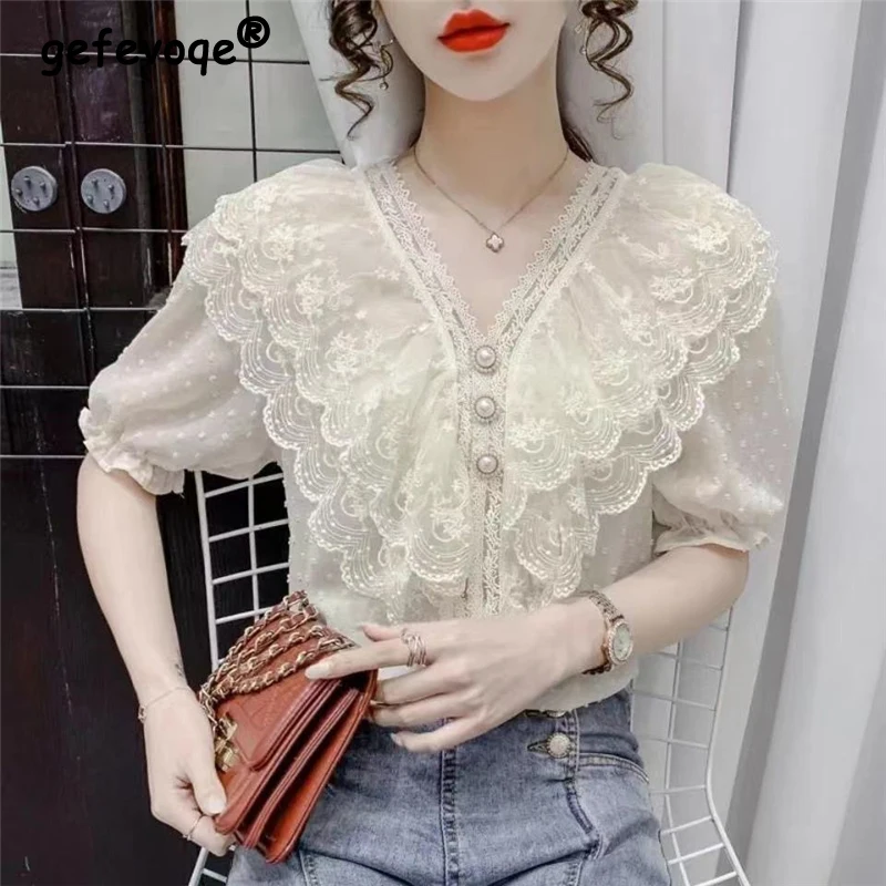 

Women's Clothing Ruffle Lace Patchwork Sweet Chic Blouse Summer Trend V Neck Short Sleeve Fairy Elegant Shirt Solid Blusas Mujer