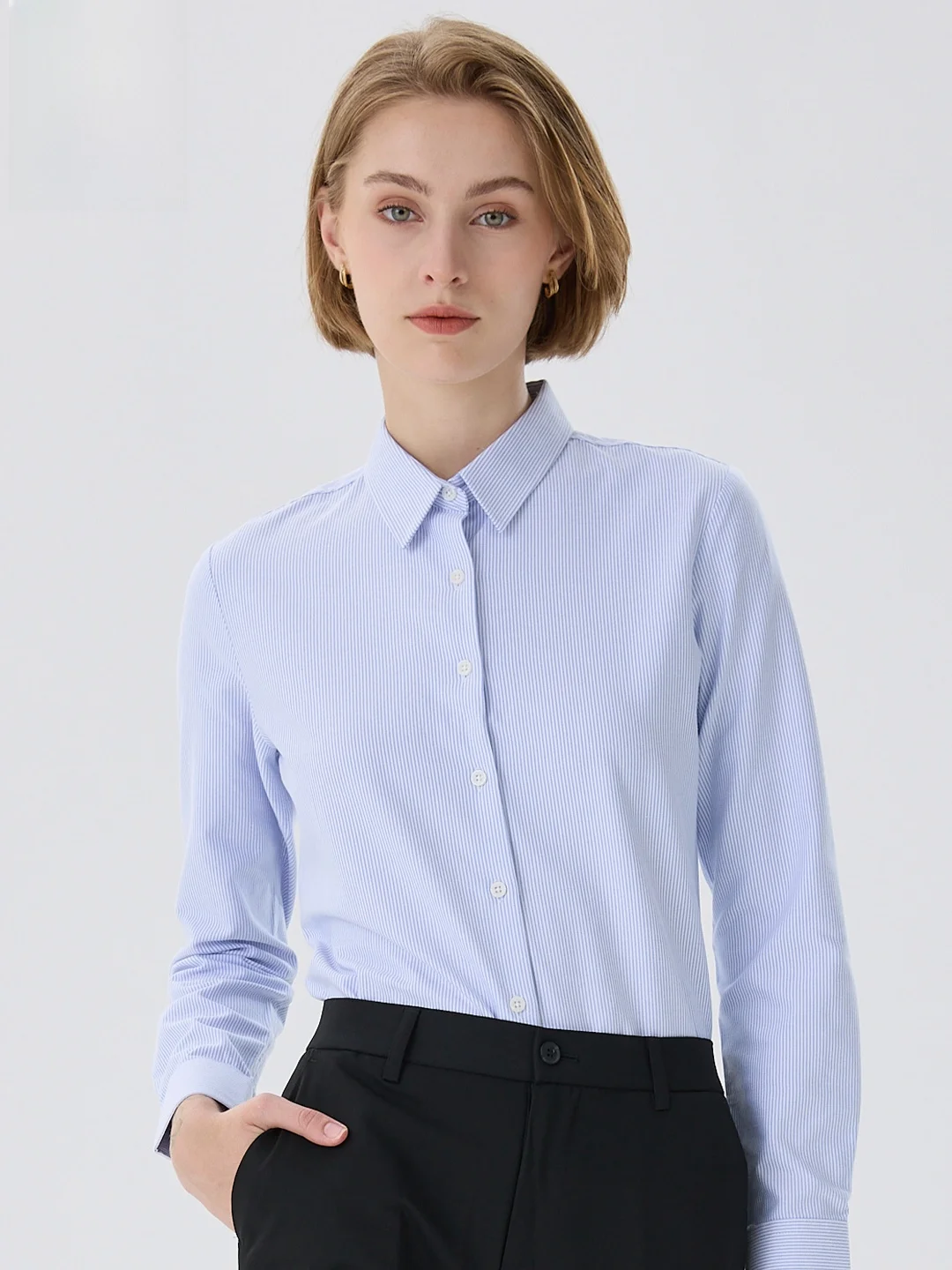 

Romon New Women's Blue Striped Cotton Shirt Summer Short Sleeve Iron-Free Workwear Breathable Interview Blouse Female Top