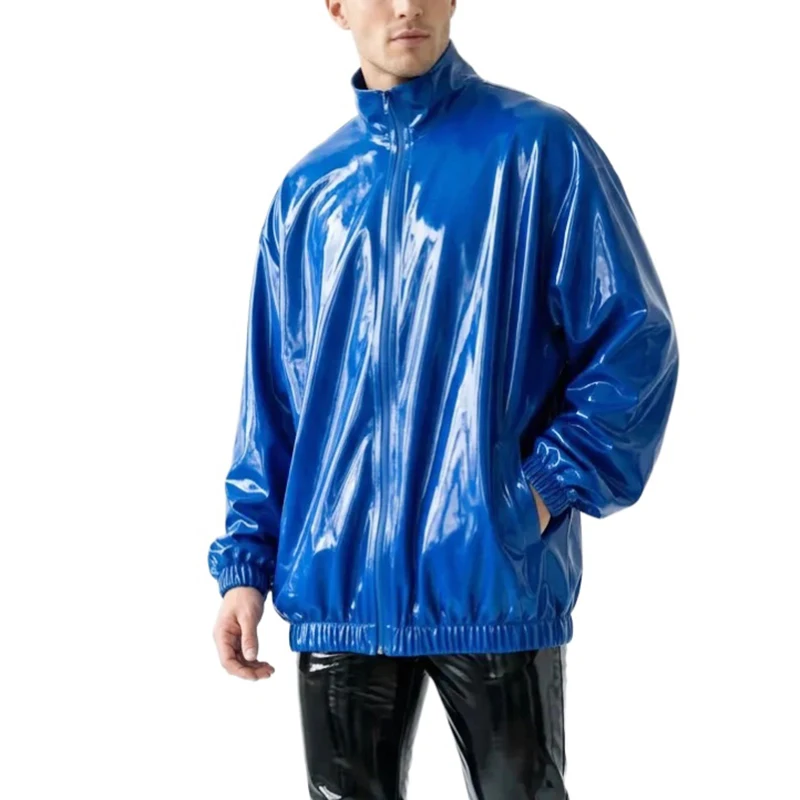 Abrigos deportivos de látex azul, sexys y holgados, con bolsillos con cremallera, cintura y puños fruncidos, chaquetas de goma, ropa superior, prendas de vestir 0476.