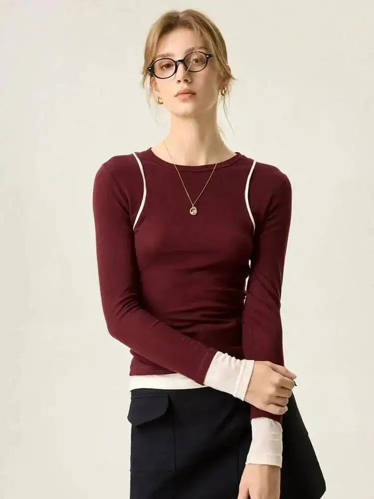 

Autumn Wool Splicing Contrast T-shirt Women Round Neck Long Sleeve Slim Basic Knitted Tops