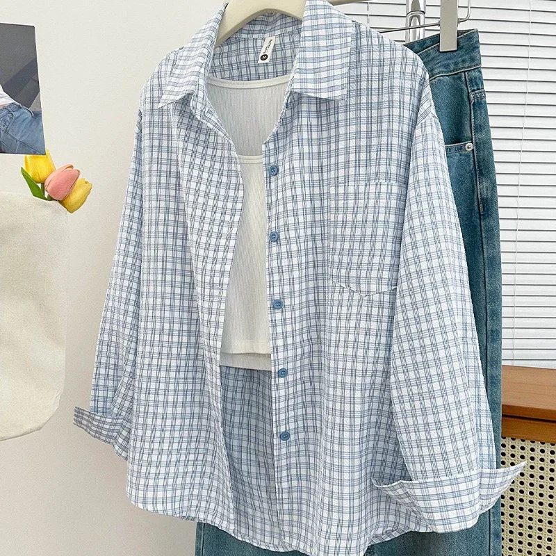 

Женская летняя тонкая рубашка в клетку, свободная блузка с длинными рукавами на пуговицах, повседневный топ в стиле Lazy Style Sunsn