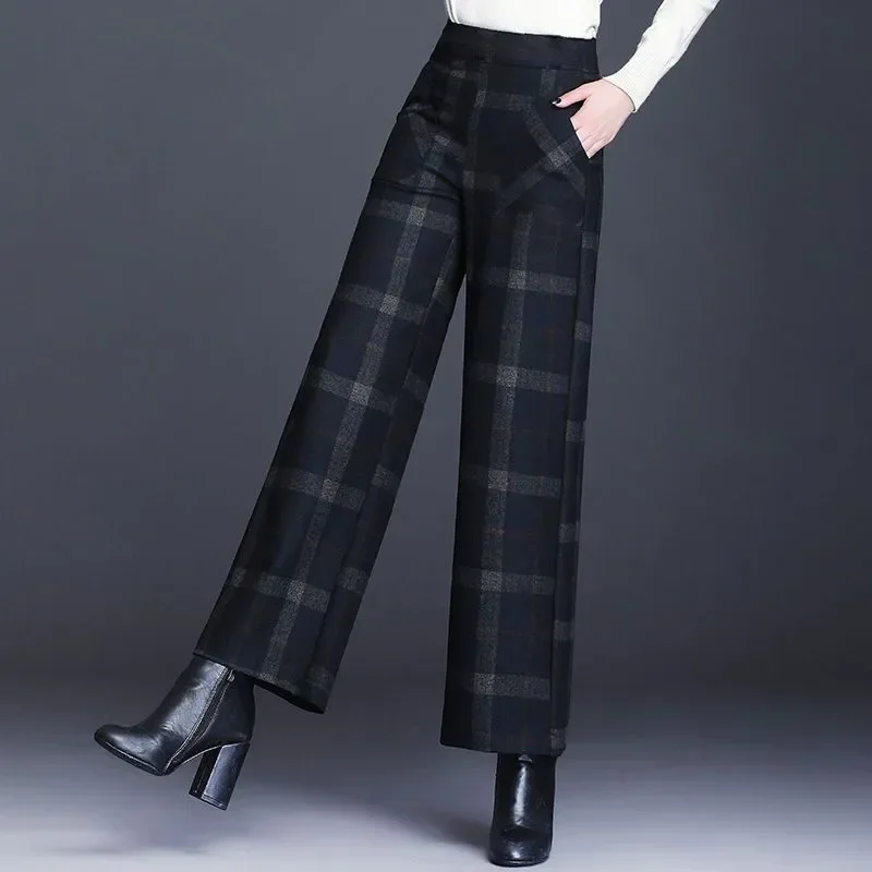 Autumn Winter Wool Thicken Plaid Women Wide Leg Pants High Waist Casual All-match Loose Office Lady Straight Trousers K16