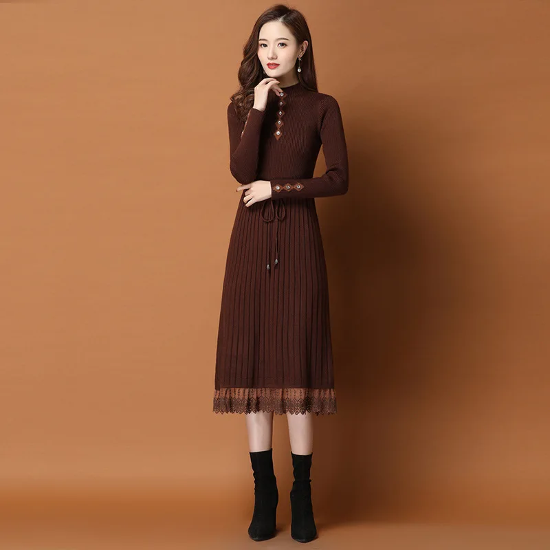 Brown Long Knit Sweater Dress Button Sashes Contrast Lace Patchwork Office OL Party Vestidos Black MIDI Sweater Dress Women 2022