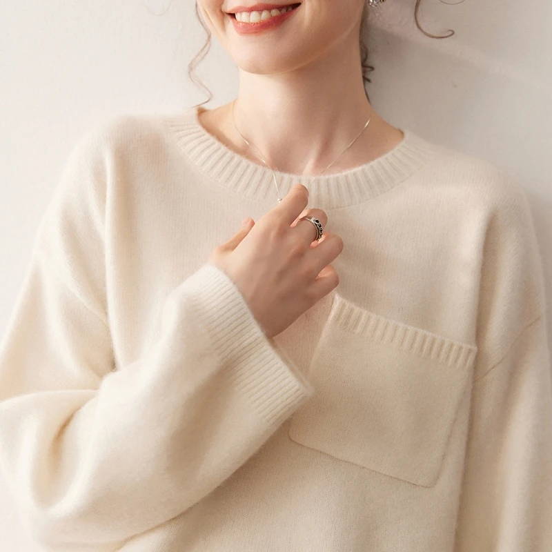 

100% Cashmere Sweater Women's O-neck Loose Pullovers Autumn Winter Thick Knitwear Lazy Style Long Sleeve Korean Popular Clothes