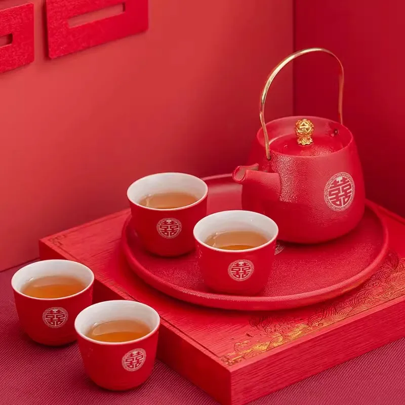 Red Ceramics Tea Pot Set, Boutique Customized Tea Set Gifts, Handmade Teaware Accessories, Household Wedding Celebration