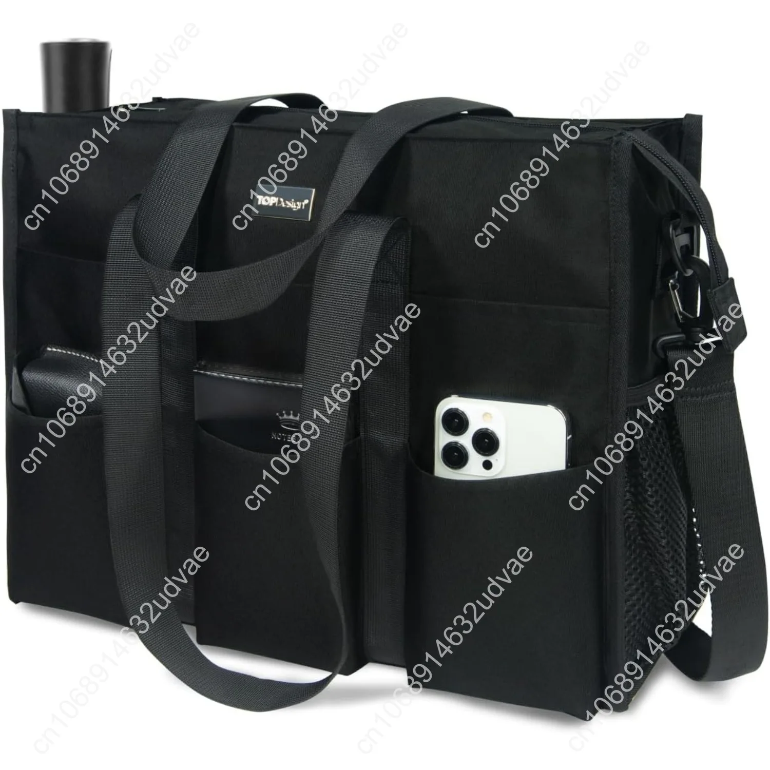 TOPDesign Utility Water Resistant Tote Bag with 22 Pockets, Top Zipper Closure & Thick Bottom Support, for Working Women