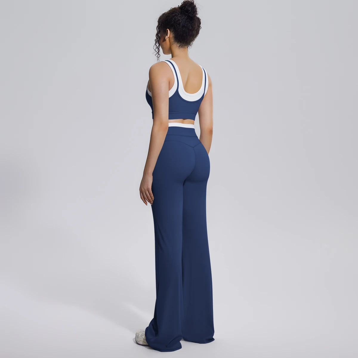 Neues Farbblock-Set mit Schönem Rücken-Yoga-BH und Weiten Hosen für Sommer, Fitness, Laufen und Workout, Hochelastisches, Lockeres Schlaghosen-Oberteil – Detail 12