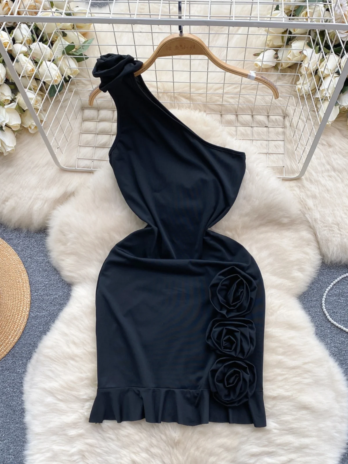 

Foamlina Summer Sexy One Shoulder Mini Bodycon Dress Women Fashion Black 3D Flowers Decoration Sleeveless Slim Party Club Dress