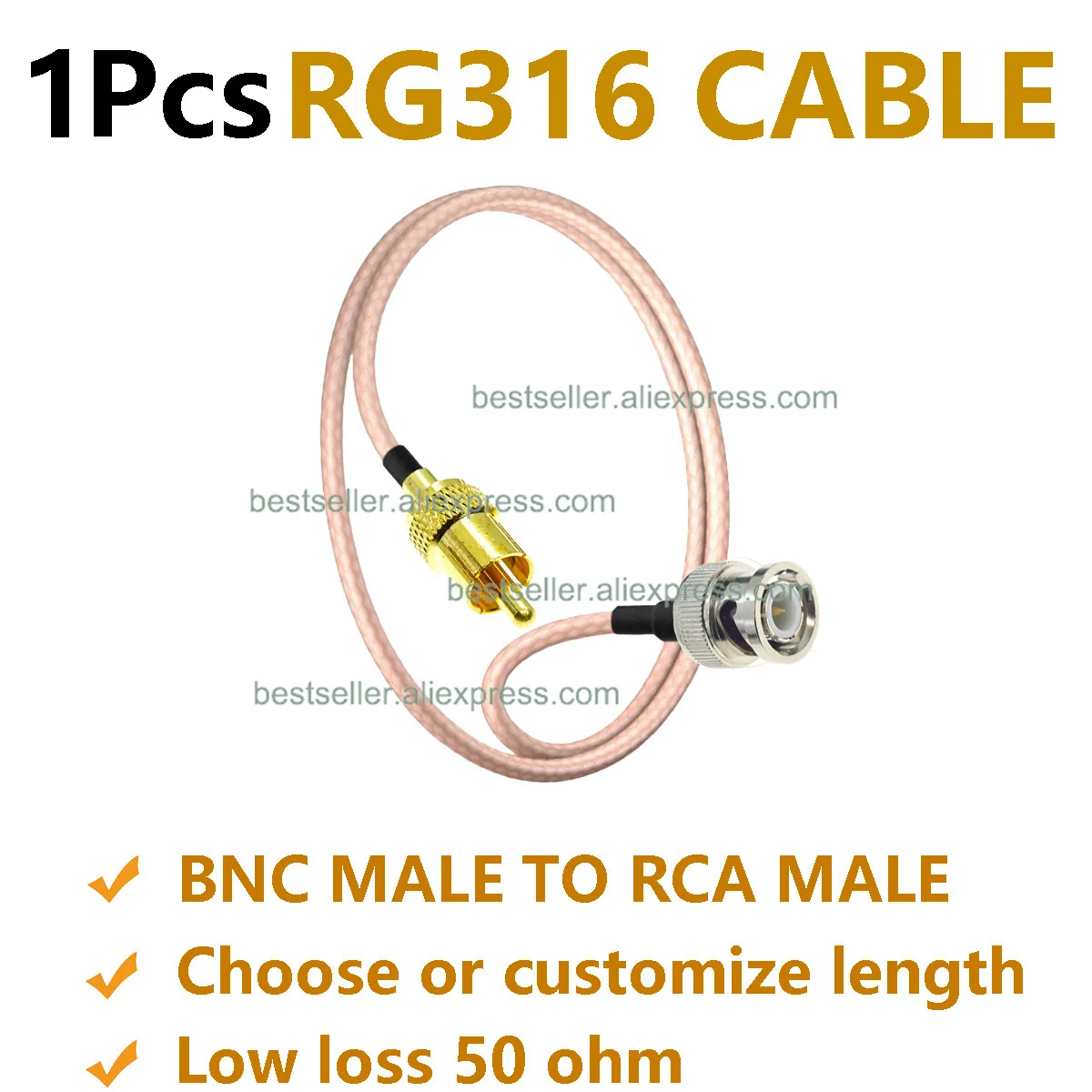 1Pcs RG316 BNC Male to RCA Male RF Coaxial Pigtail Jumper Cable 50 Ohm High Quality Low Loss Connector Wire for Audio Video Test