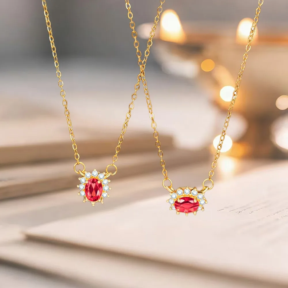 Exquisite Charm Stainless Stee Red Stereo Ellipse Micro-inlay Zircon Pendant Necklace for Women Temperament Jewelry Gift No Fade