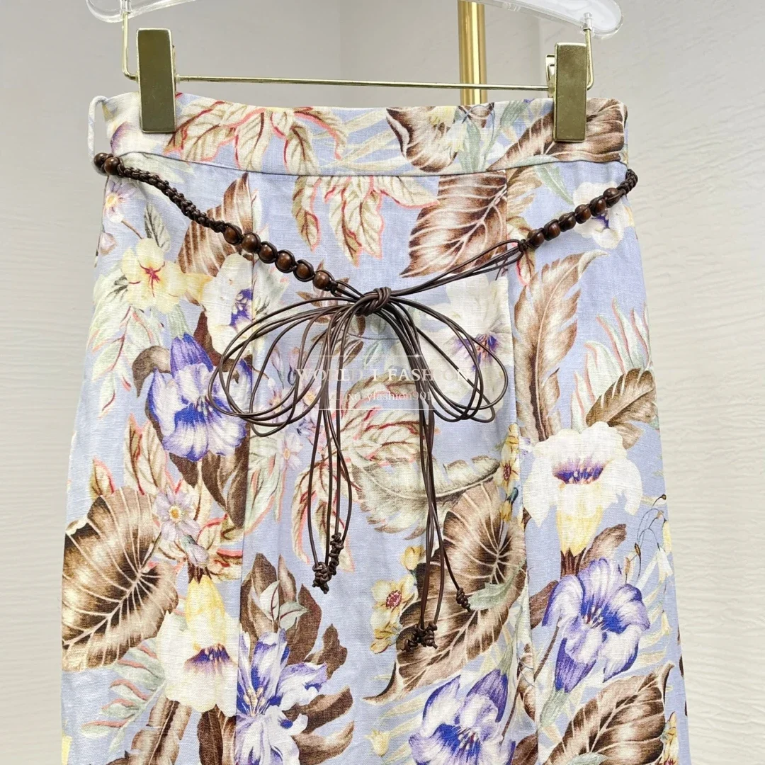 

2025 Fashion Blue Violet Purple Floral Print Midi Skirts for Women