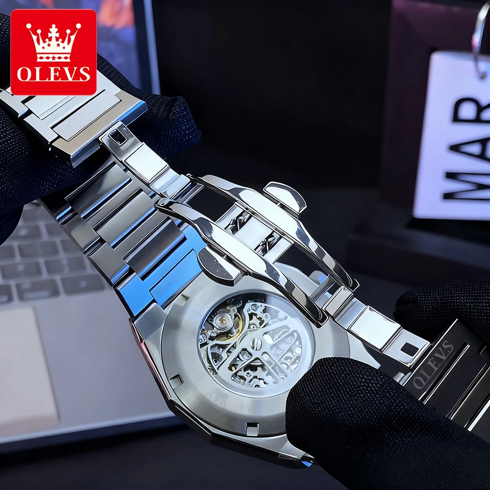 ساعات رجالية فاخرة من OLEVS مصنوعة من الفولاذ الناعم مفرغة ذاتية الملء دولاب الموازنة وحركة الياقوت ساعة يد ميكانيكية أوتوماتيكية 6669 #4