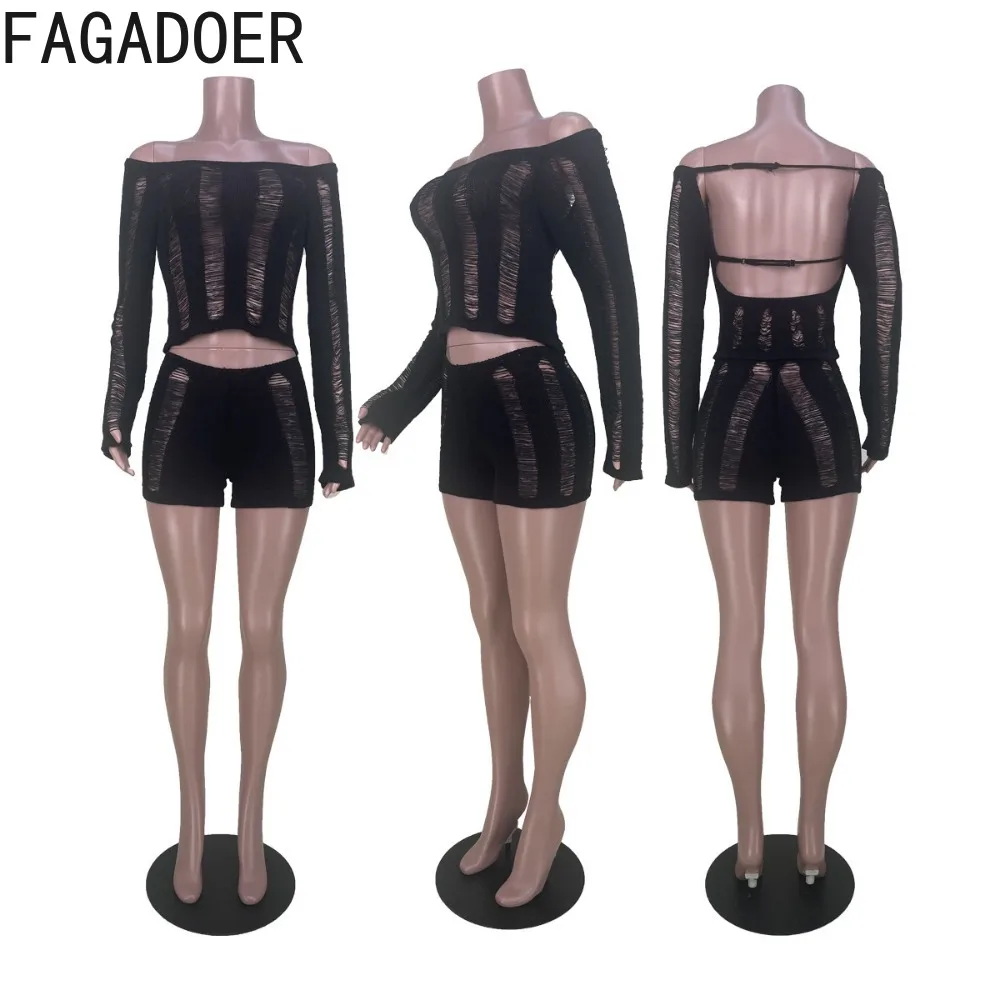 FAGADOER Sexy Knitting Hollow Out Shorts Two Piece Sets Women Off Shoulder Crop Top And Shorts Outfits Female Solid 2pcs Suits