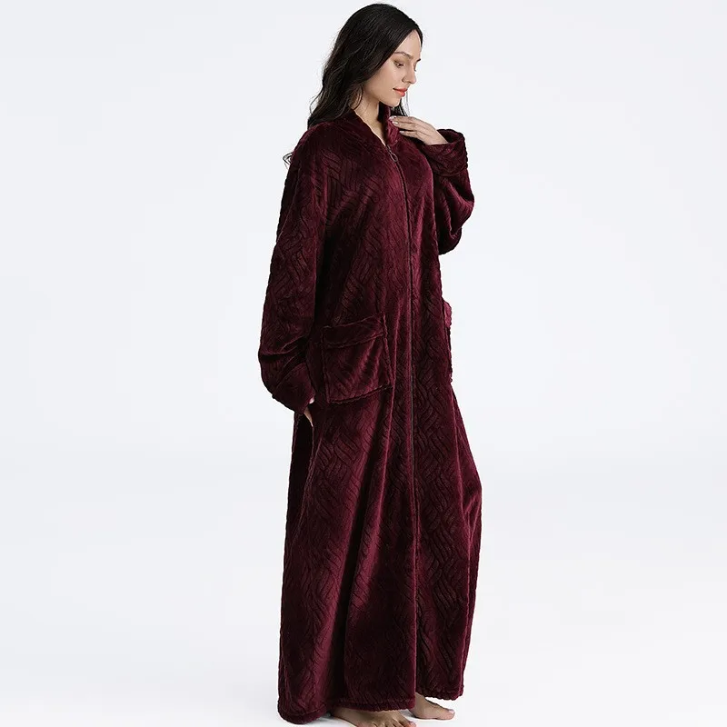 Women Winter Plus Size Long Warm Flannel Dressing Gown Pregnant Zipper Bathrobe Lovers Cozy Bath Robe Men Night Sleepwear