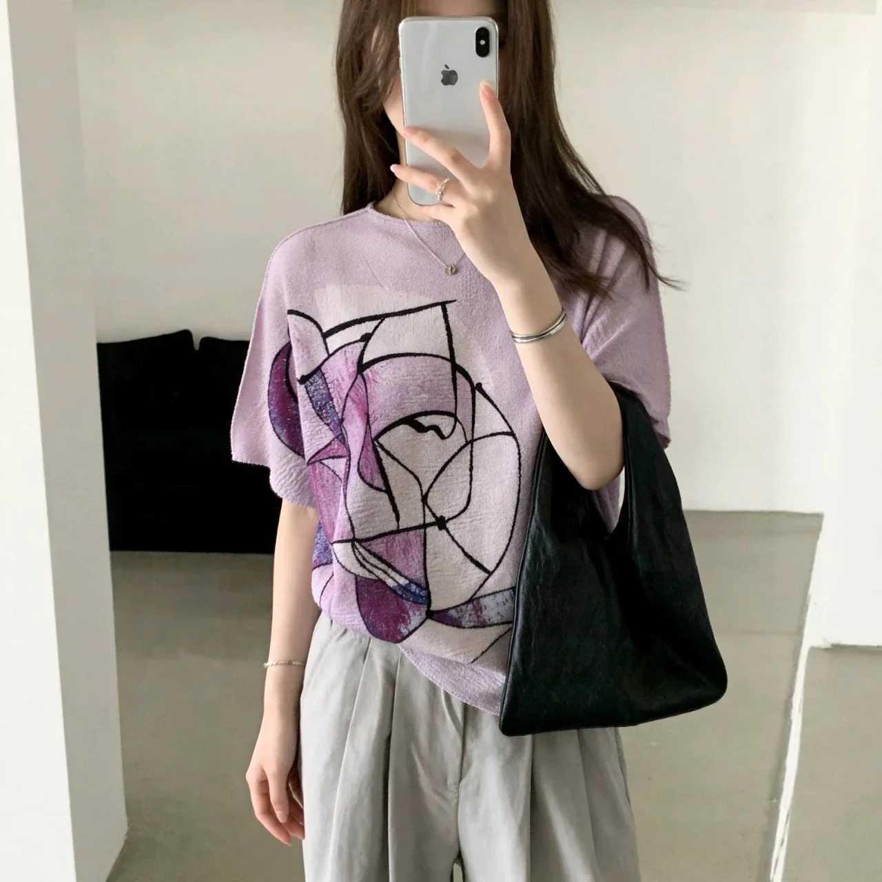 Miyake Pleated Abstract Line Printed Short-sleeved T-shirt for Women Summer New Loose Slim Round Neck Artistic Top