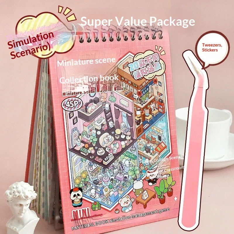 

3D Miniature Scene Sticker Book Set 20 Simulation Scenes 45 Pages With Tweezer DIY Scrapbooking Decor Toy For Girls Kids