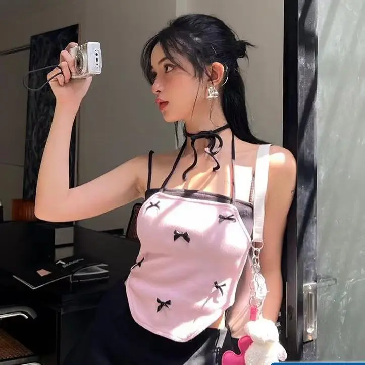 Patchwork Y2k Bowknot Camisole All-match Sleeveless Fake Two Pieces Crop Tops Ins Streetwear Bow Vest Tank Top Summer