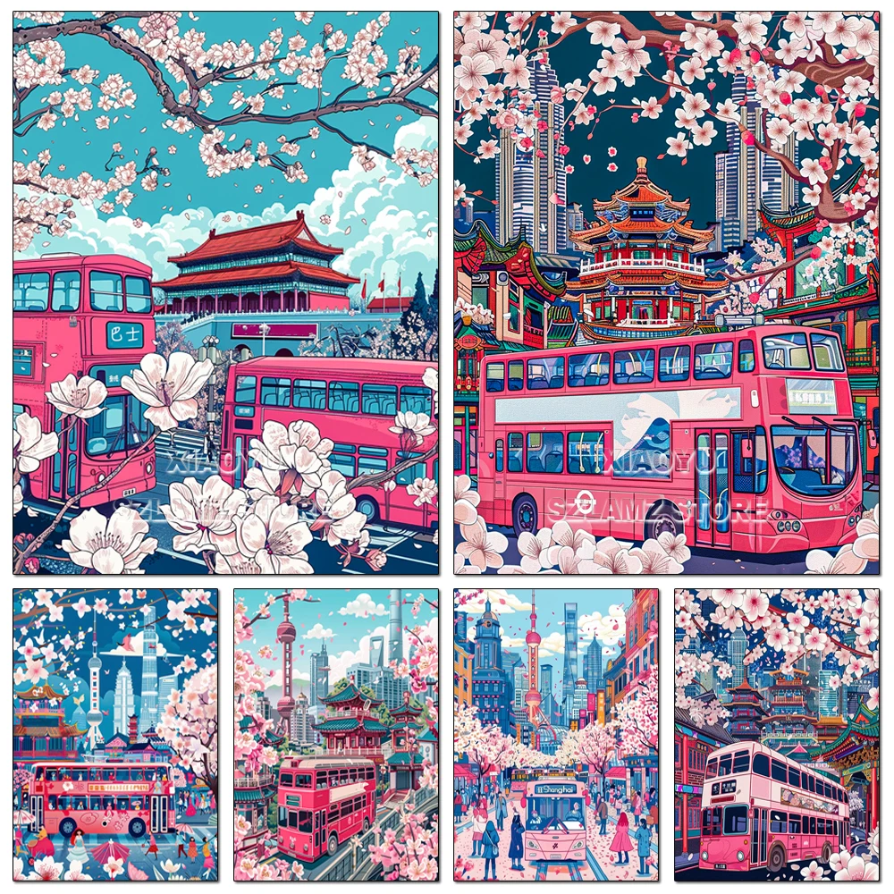 5D 다이아몬드 페인팅 레드 버스 스트리트 뷰, 성인 초보자에게 적합, DIY 모자이크 크로스 스티치 아트 선물, 홈 데코