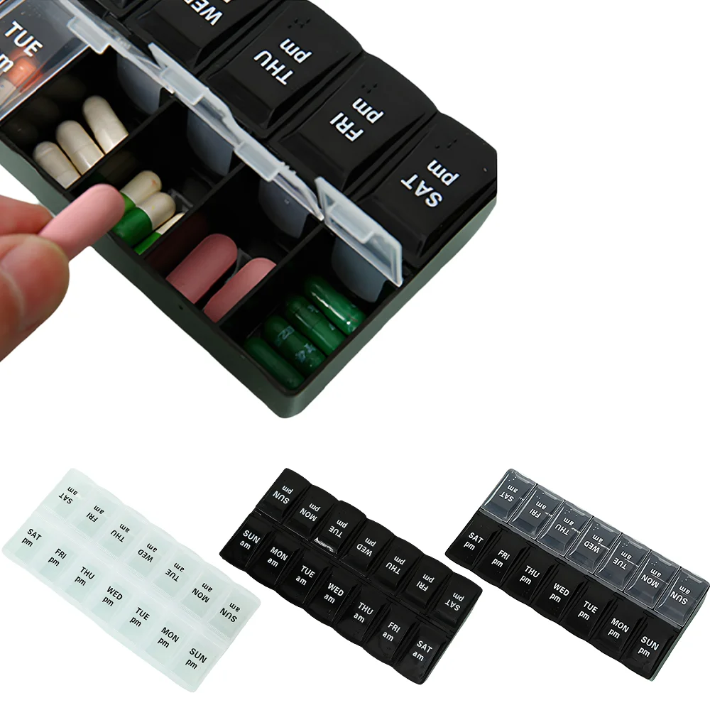 7 Day Pill Organizer 14 Slots AM PM Weekly Medicine Box with Detachable Tray and Sticker Easy Open Lid Case for Vitamins Tablets
