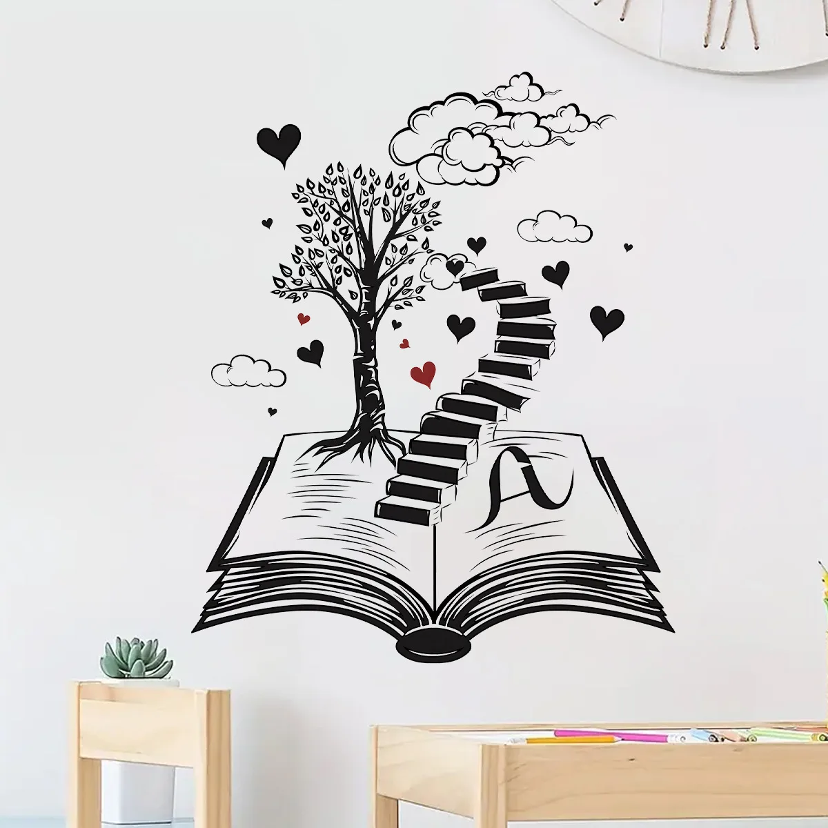 Wall Stickers for Living Room Bedroom Home Decoration Creative Black Heart Book World Ladder Tree Wall Decals Office Wall Decor