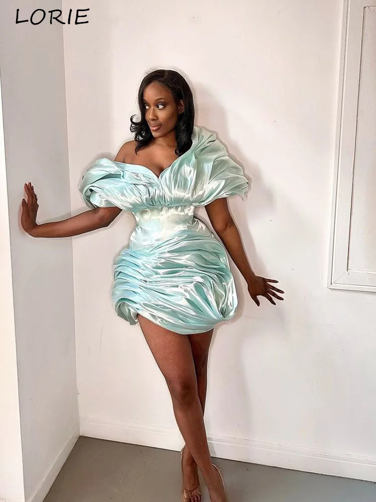 LORIE Mini Shiny Blue Evening Dress Sweetheart Ruffle A-line OFF Shoulder Princess Prom Dress Short Caocktail Dress Customized