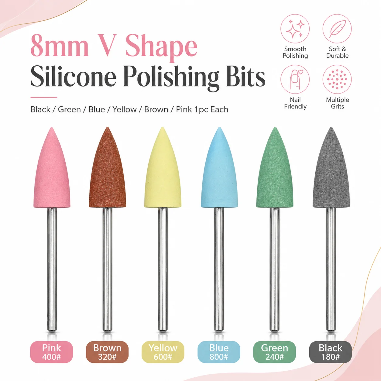1Pcs 8mm V-Shape Silicone Nail Drill Bit 2.35mm Shank Nail Polishing Head for Manicure Pedicure Tool