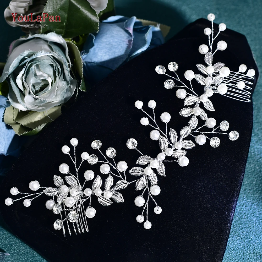 YouLaPan Handmade Alloy Leaf Headband Luxury Double-ended Hair Comb Bride Wedding Headpeice Artificial pearl Hair Pin HP832