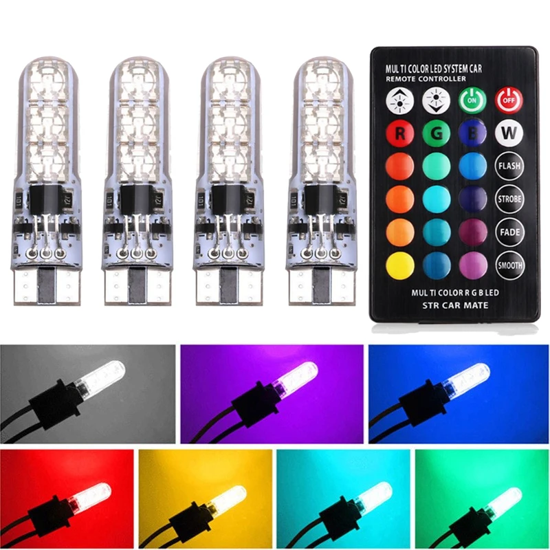

2/4/10pcs T10 Waterproof Car Wedge Side Light Bulb-6SMD 5050 RGB 7 Color LED Remote Control (NO Battery)Strobe Flash Wedge Lamp